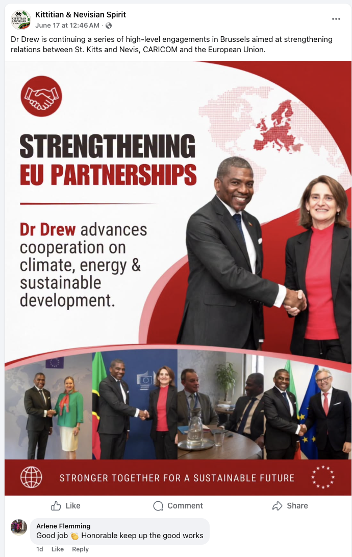 Dr Drew advances cooperation on climate, energy and sustainable development in Brussels.