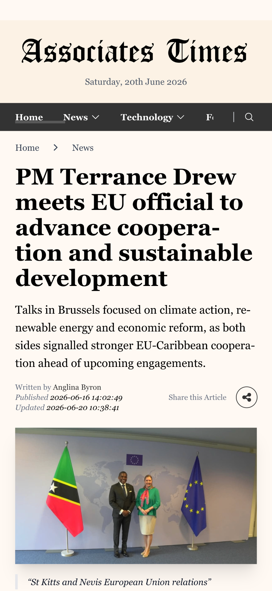 PM Terrance Drew meets EU official to advance cooperation and sustainable development