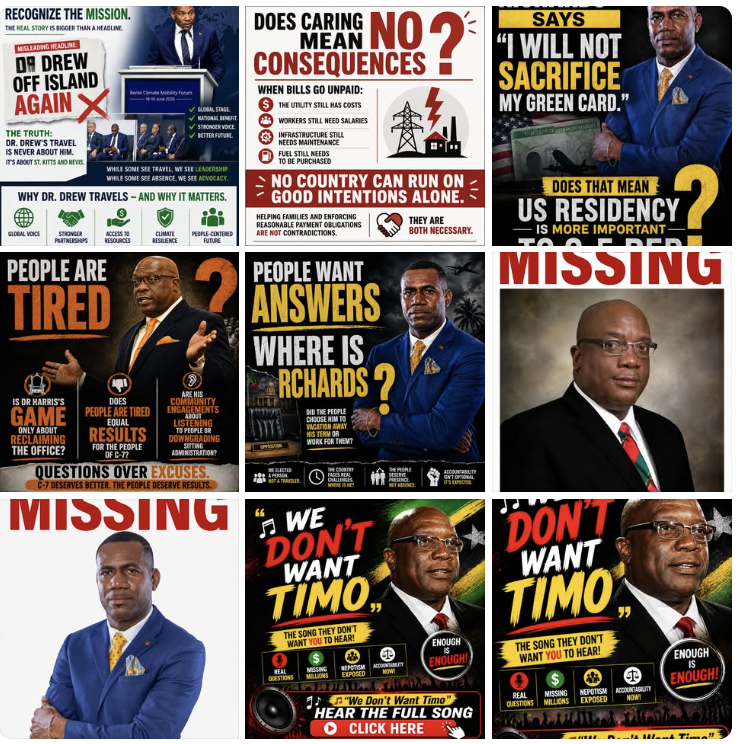 Collage of SKN Monitor graphics including policy rebuttals, accountability messaging, and campaign visuals